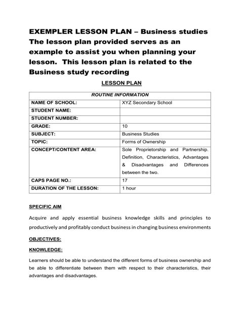 business studies lesson plans for grade 10 pdf Kindle Editon